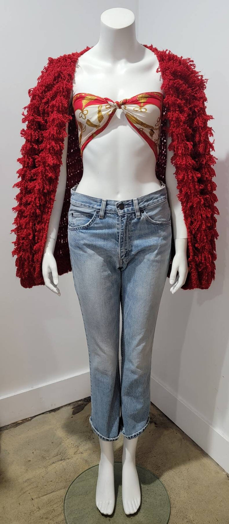 Vtg RED 80s Crochet Red Shag Fringe Crossfront Sweater by Carducci