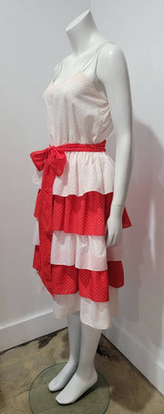 Vtg 70’s Red White Swiss Dot Tiered Strapless Cotton Voile Midi Dress M