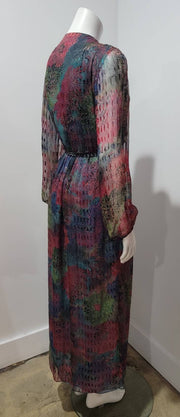 Vintage 70's Boho Blue Multi Abstract Floral Jacquard Chiffon V Pouf Faux Wrap Maxi Dress