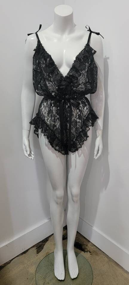 Vintage 70’s Romantic Full Body Lace Ruffle Teddy Bodysuit by Val Mode