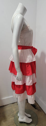 Vtg 70’s Red White Swiss Dot Tiered Strapless Cotton Voile Midi Dress M