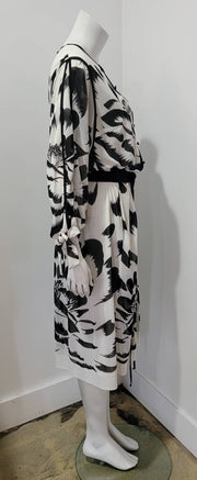 Vintage 70's 80's Abstract Floral Print Tie Sleeve Obi Trapunto Belt Midi Dress M/L