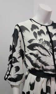 Vintage 70's 80's Abstract Floral Print Tie Sleeve Obi Trapunto Belt Midi Dress M/L