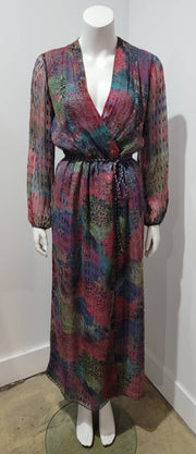Vintage 70's Boho Blue Multi Abstract Floral Jacquard Chiffon V Pouf Faux Wrap Maxi Dress
