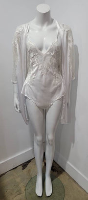 Vintage 70's Embroidered Cut Out Mesh Lace Teddy Bodysuit Robe Set by Natori