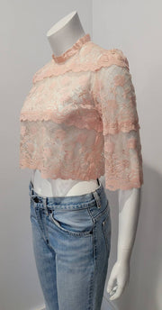 Vintage Tiered Scallop Lace Flutter Cap Sleeve Crop Top S/M