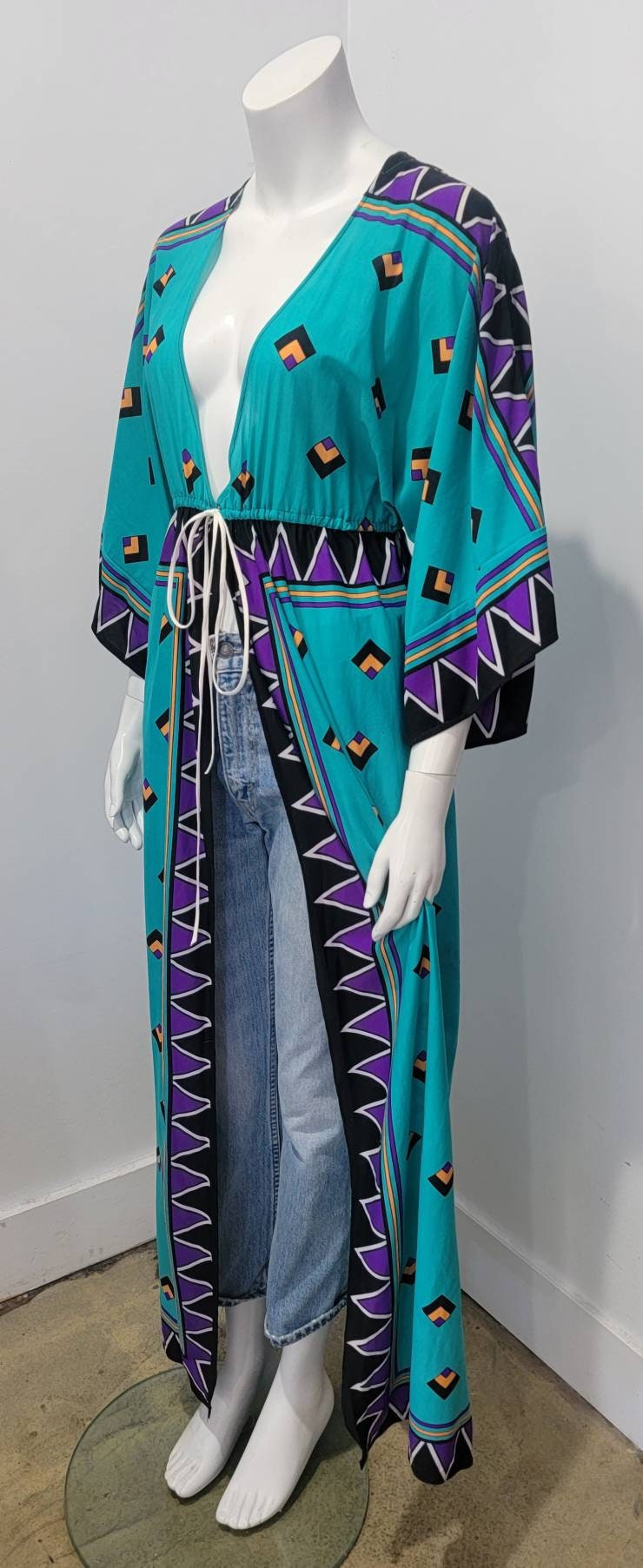 Vintage 70s Deco Zig Zag Border Deep V Kimono Duster Maxi Robe