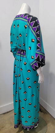 Vintage 70s Deco Zig Zag Border Deep V Kimono Duster Maxi Robe