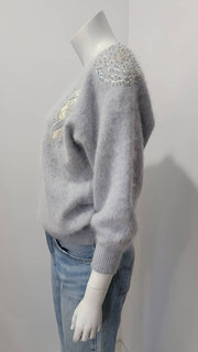 Vintage 80's Blue Grayish Mohair Beaded Sequin Floral Dolman Sweater by Flocks Sheep