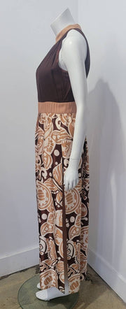 Vintage 60's Sleeveless Abstract Deco Print Bow Maxi Dress w/ Attached Shorts