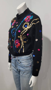 Vintage 80s Sequin Angora Cropped Floral Polka Dot Sweater by My