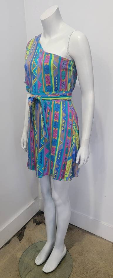 Vintage 80s Abstract Stripe One Shouder Dolman Sleeve Tie Back Mini Dress S/M