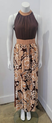 Vintage 60's Sleeveless Abstract Deco Print Bow Maxi Dress w/ Attached Shorts