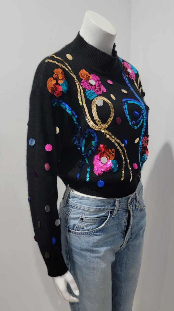 Vintage 80s Sequin Angora Cropped Floral Polka Dot Sweater by My