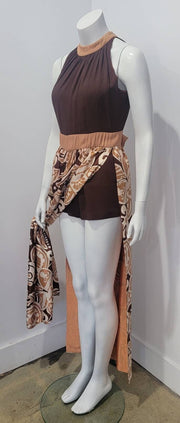 Vintage 60's Sleeveless Abstract Deco Print Bow Maxi Dress w/ Attached Shorts