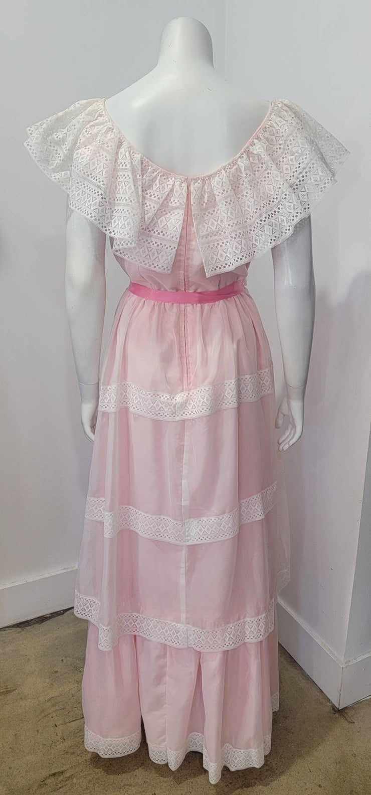 Vintage 70s Cottage Core Ruffle Lace Tiered Bell Maxi Gown