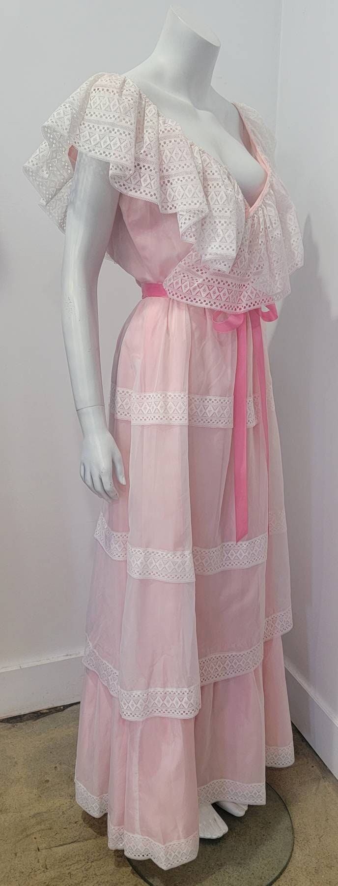 Vintage 70s Cottage Core Ruffle Lace Tiered Bell Maxi Gown