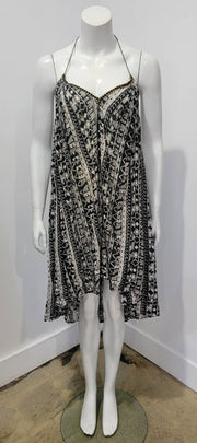 Vintage 70's Upcycled Ethnic Abstract Print Cotton Voile Halter Low Back Tent Dress S/M