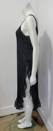 Vintage 70's Glam Black Asymmetric High Side Slit Ruffle Maxi Lingerie Nightgown S