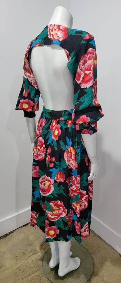 Vintage 80s Floral Crystal Pleated Open Back Midi Dress by Wild Rose