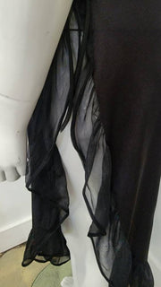Vintage 70's Glam Black Asymmetric High Side Slit Ruffle Maxi Lingerie Nightgown S