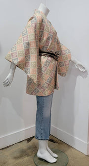 Boho Ethnic 70s Kimono Pastel Medallion Silver Lurex Brocade Duster Robe