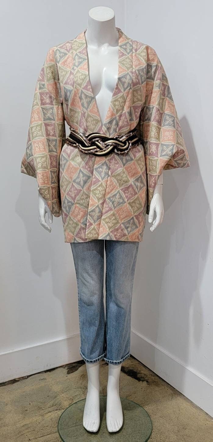 Boho Ethnic 70s Kimono Pastel Medallion Silver Lurex Brocade Duster Robe