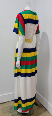 Vintage 70's Rainbow Chevron Stripe Flutter Sleeve Duster Maxi Dress by Ann Hodge