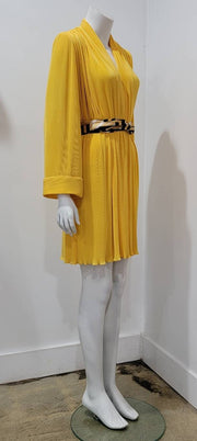 Vtg 80’s Yellow Crystal Pleated Bell Sleeve Deep V Tunic Dress Made in Paris France