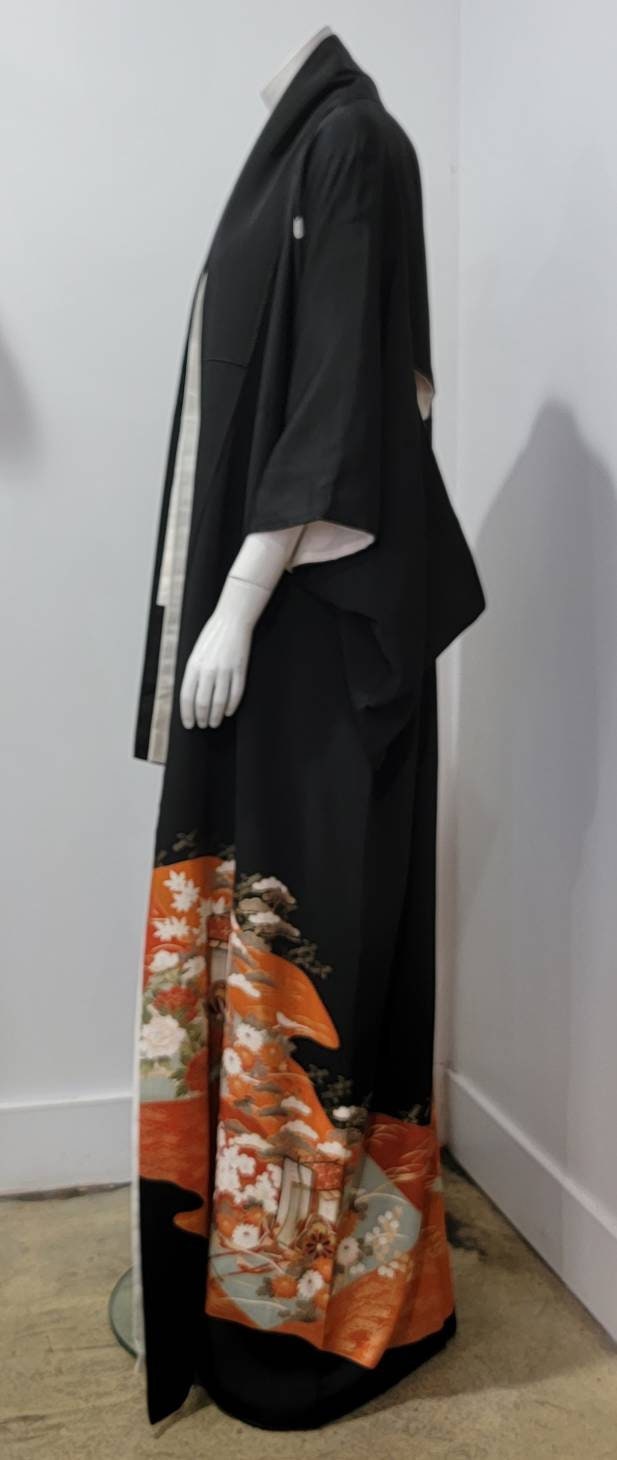 Vintage 30s Japanese Kuro Tomesode Komon Crest Kimono Silk Duster Robe
