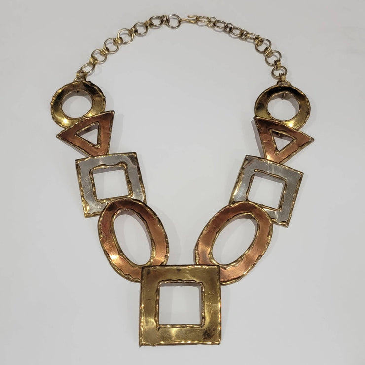 Vintage 60s/70s Brutalist Brass Bronze Abstract Boho Triangle Necklace 20"