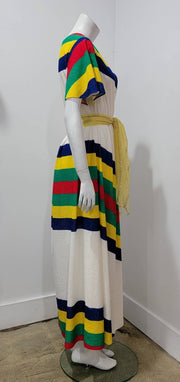 Vintage 70's Rainbow Chevron Stripe Flutter Sleeve Duster Maxi Dress by Ann Hodge