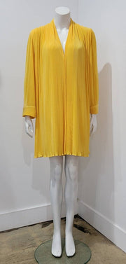 Vtg 80’s Yellow Crystal Pleated Bell Sleeve Deep V Tunic Dress Made in Paris France
