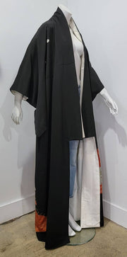 Vintage 30s Japanese Kuro Tomesode Komon Crest Kimono Silk Duster Robe