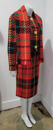 Vintage 80's Vibrant Tweed Plaid Designer Jacket Skirt Scarf by Carlisle