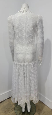 Vintage 80's Victorian Scallop Mesh Net Lace Drop Waist Hankey Bridal Dress by Jessica McClintock