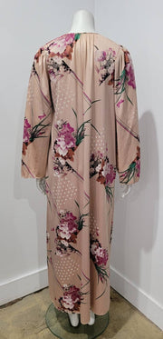 Vtg 70's Taupe Floral Asymmetric Shirred V Neck Nightgown Angel Sleeve Robe Set by Ralph Montenero Blanche S