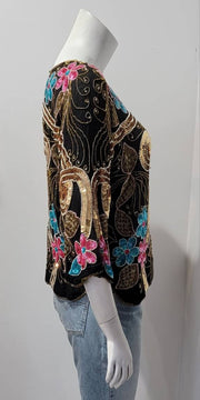 Vintage 80's Floral Beaded Sequin Deco Dolman Silk Top