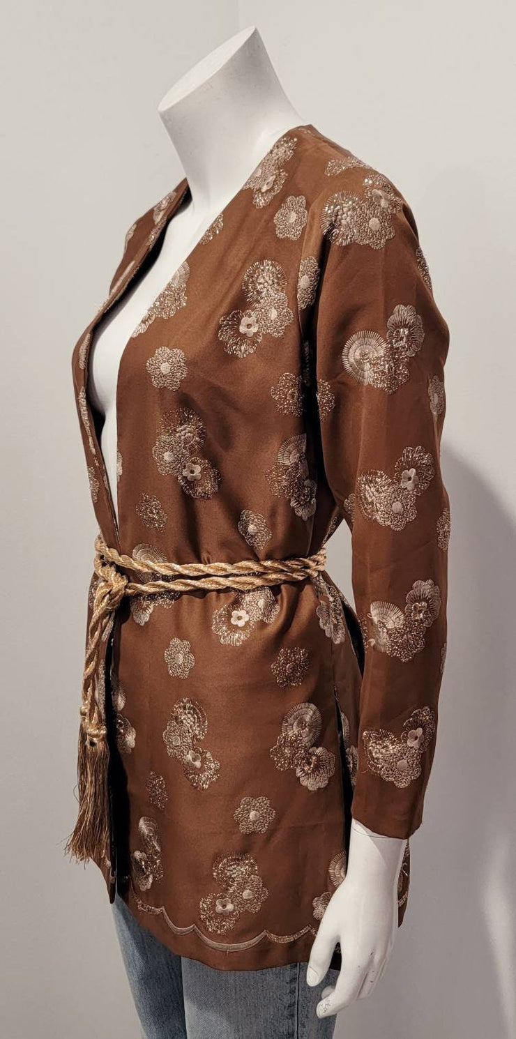 Vintage 70’s Asian Gold Lurex Floral Medallion Deep V Rope Tassel Tie Cardigan