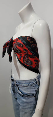 Vintage 80’s Red Black Paisley Strapless Tie Top Woven Twill Hankerchief Scarf