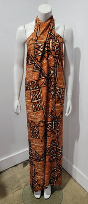 Vintage 80s Ethnic Tribal Hawaiian Cover Up Pareo Sarong Halter Wrap Maxi Dress