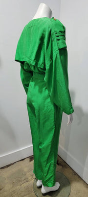 Vintage 80’s Kelly Green Flowy Back Yoke Tapered Silk Jump Suit by Frances Henaghan