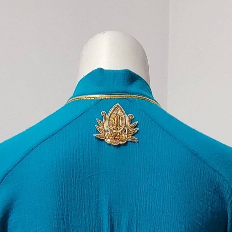 Vintage Reclaimed Teal Blue Cotton Gauze Gold Lurex 70s Kimono Beaded Crest Robe Duster Top