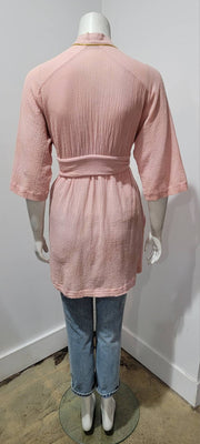 Vintage Reclaimed Rose Pink Cotton Gauze Gold Lurex 70s Kimono Robe Duster Top