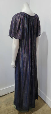 Vintage 70's Ethnic Boho Hippy Multi Lurex Stripe Flutter Sleeve Maxi Dress