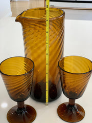 Mid Century Amber Swirl Pitcher Set With Glasses