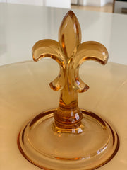 Vintage Amber Glass Platter Fleur De Lis Handle