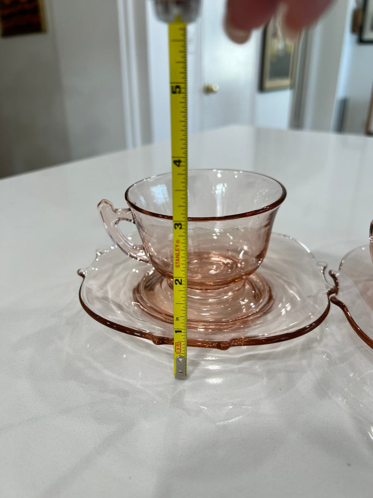 Pink Tea Cup and Saucer Glass Set of 2 from the Depression Era