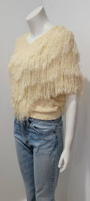 Vintage 80's Ivory Fringe Dolman Hand Loomed Knit Sweater by French Rags 1