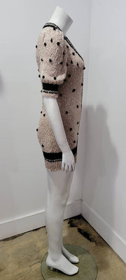 Vintage 80's Taupe Black Dot Border Stripe V Neck Puff Sleeve Knit Micro Mini Sweater Top